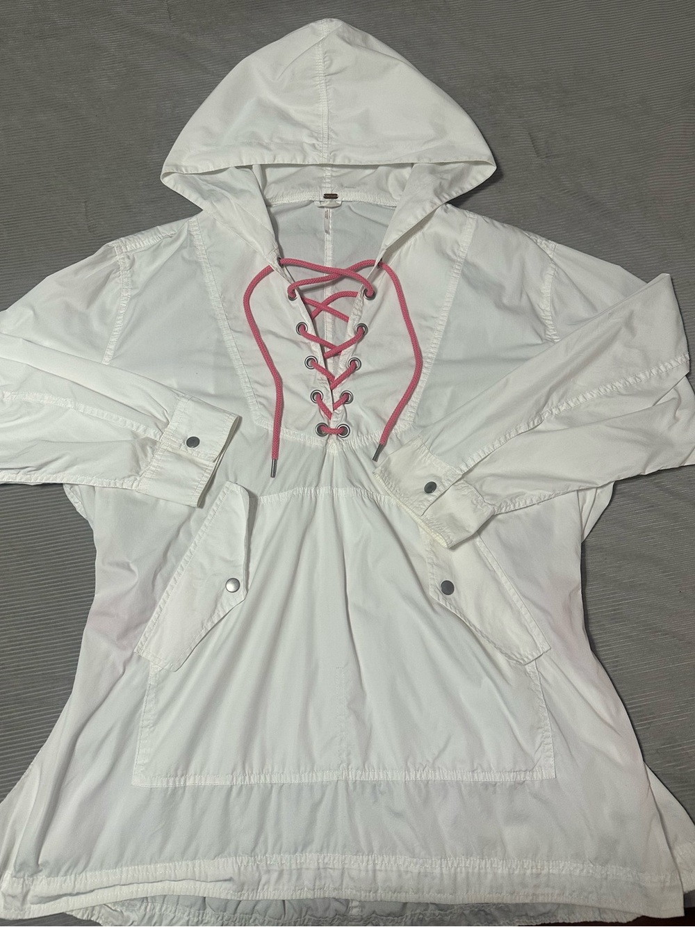 Free People Lace Up Rain Jacket Hoodie Cinch Waist Wind Breaker White & Pink M/L